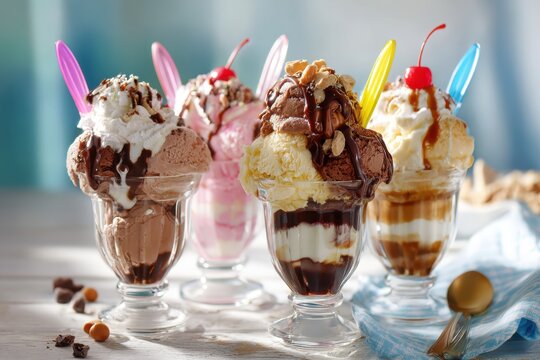 Four colorful ice cream sundaes with whipped cream, chocolate and caramel sauces, nuts, and cherries served in clear glass cups with vibrant spoons on a bright table