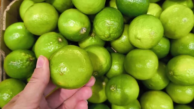 Hand Holding Fresh Green Limes at Grocery Store
