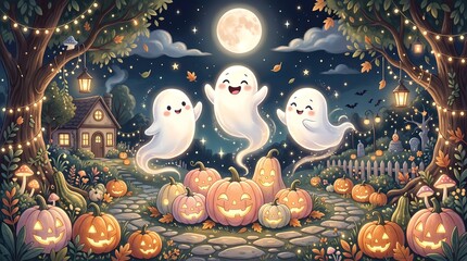 Obraz premium Happy Halloween Ghosts Dancing Among Pumpkins Under Full Moon