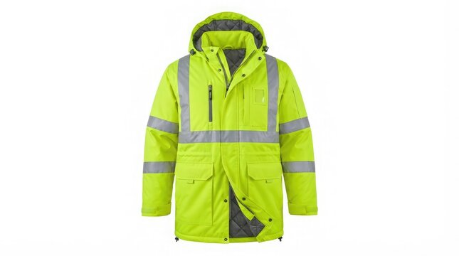 Bright yellow high-visibility work jacket with reflective strips and hood, designed for safety in outdoor environments.