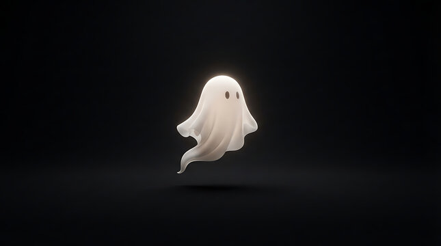 Friendly cartoon ghost floating in a dark space with a soft glow effect