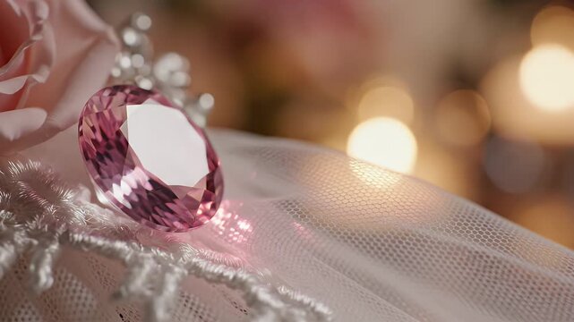 Luxury Pink Gemstone with Soft Rose Petals and Bokeh Lights - Elegant Macro Shot