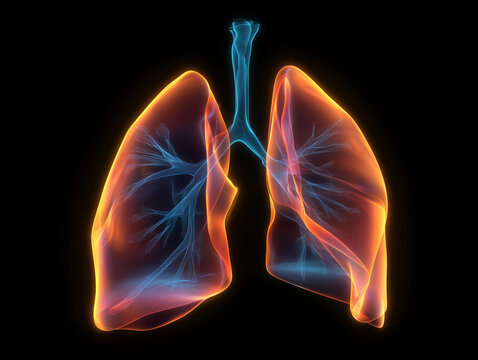 Glowing transparent human lungs with bronchi and trachea on black background