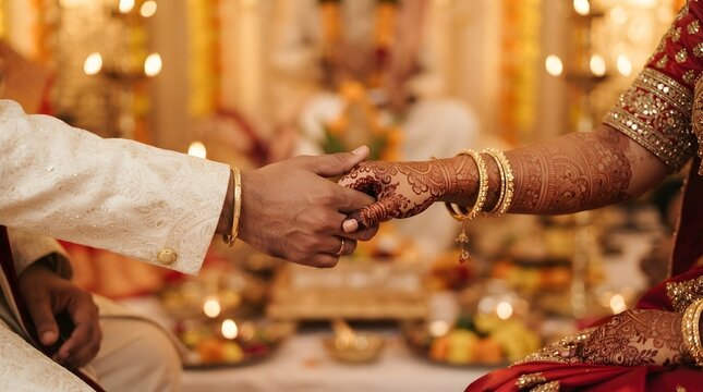 Indian bride and groom holding hands during traditional wedding ceremony