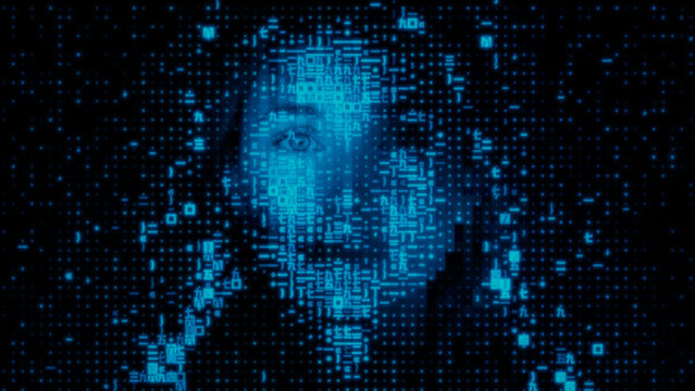Female Face made of Encrypted Data. Biometric Authentication Concept.