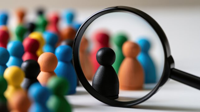 Magnifying glass highlighting a single black wooden figure among diverse colorful wooden figurines representing focus and individuality in a crowd concept