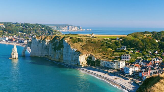 France Normandy Etretat Cliffs Coastal Panorama at Clear Afternoon