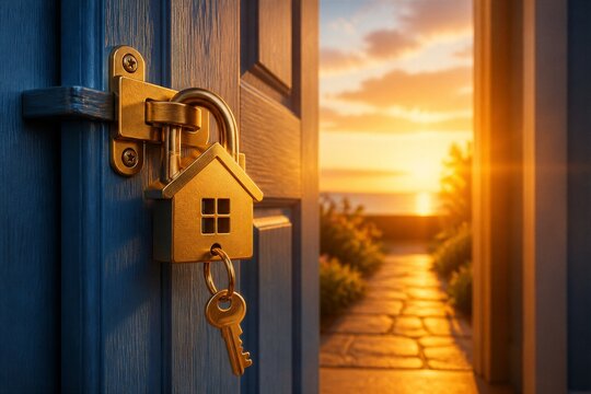House key hanging on door latch with sunset pathway outside