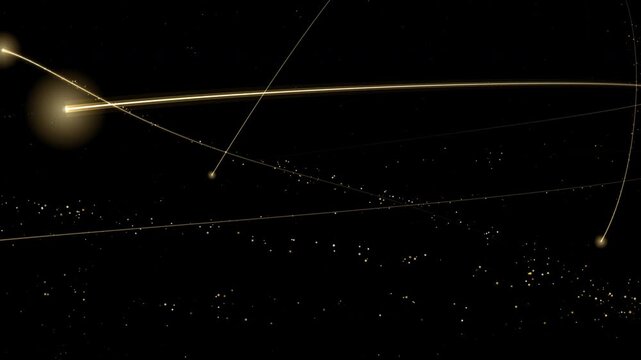 Abstract universe visualization with glowing energy particles and orbital trajectory lines representing gravitational forces and stellar connections drifting across the vast darkness of deep