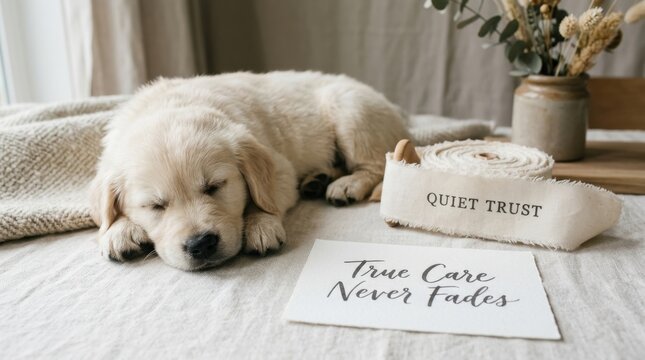Peaceful golden retriever puppy sleeping on linen cloth beside notes saying True Care Never Fades and Quiet Trust, showcasing serene pet care and unconditional love in a warm and rustic home interior.