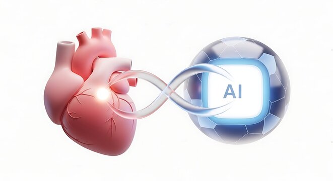 Pink heart model linked by an infinity chain to a blue AI sphere on white background, symbolizing medical tech fusion.