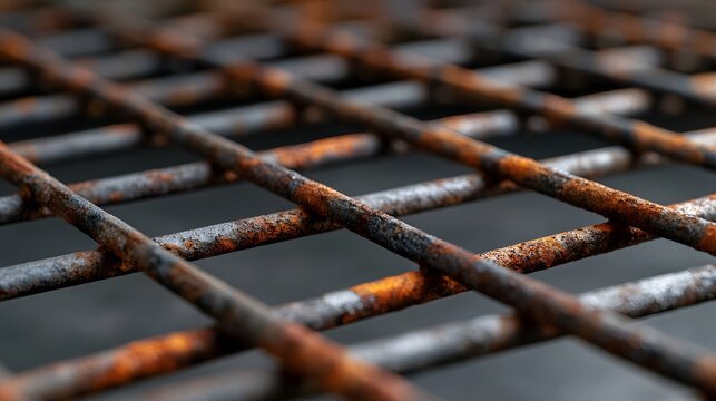 Close up of weathered metal grid showing rust patterns and textured surface under soft lighting