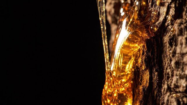 Golden tree resin slowly flowing from bark, showing natural sap collection and the organic process of amber formation in a dramatic closeup
