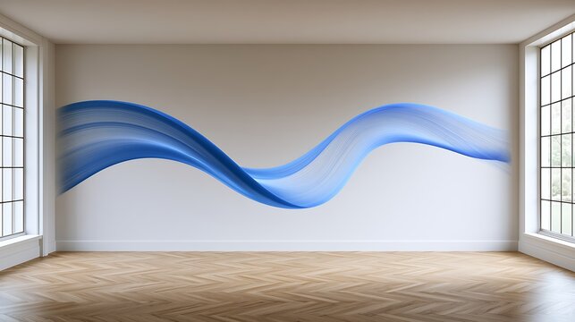 Abstract blue wave illustration on white wall in bright empty room