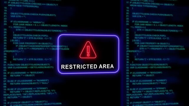 Restricted area warning sign with glowing neon frame and scrolling computer programming code background, for cybersecurity and, data protection concepts