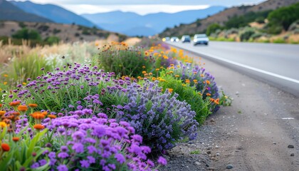 Obraz premium Purple heather blooming alongside scenic mountain road.