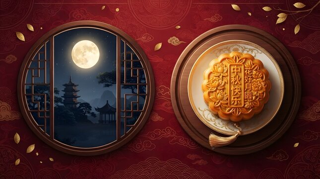 A traditional mooncake placed on a wooden plate next to a circular window view of a bright full moon during the mid autumn festival china