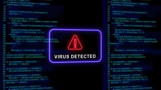 Virus detected warning sign on digital computer code background, cybersecurity threat alert animation, data breach and malware protection concept