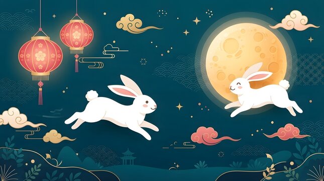 A beautiful illustration featuring white rabbits jumping in the night sky with a bright full moon and red lanterns for the mid autumn festival china