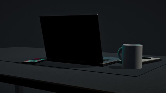 Rotating 3D trading desk with laptop and financial charts