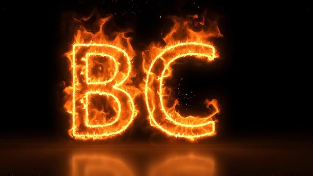 Burning Letters BC ignite with fiery animation on reflective surface during dark night