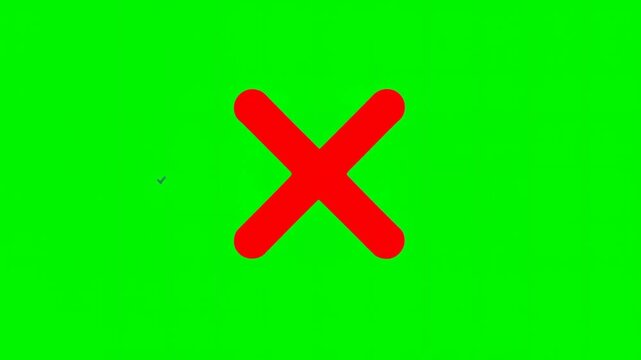 Red cross mark animation on green screen background, vibrant error symbol for video editing, rejected sign motion graphic