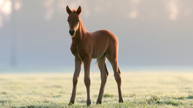 Newborn foal standing shakily on long legs with umbilical cord in grassy field.
