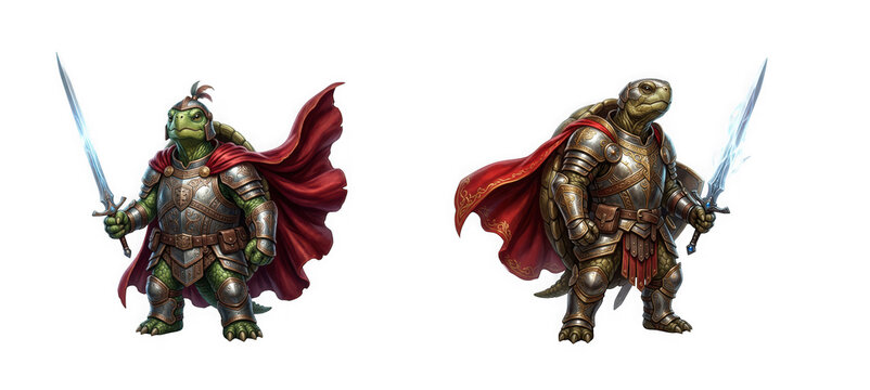 Two fantasy turtle warriors in ornate medieval armor with swords isolated on transparent background