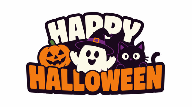 Happy Halloween Ghost Cat and Pumpkin Cartoon Illustration main subject.