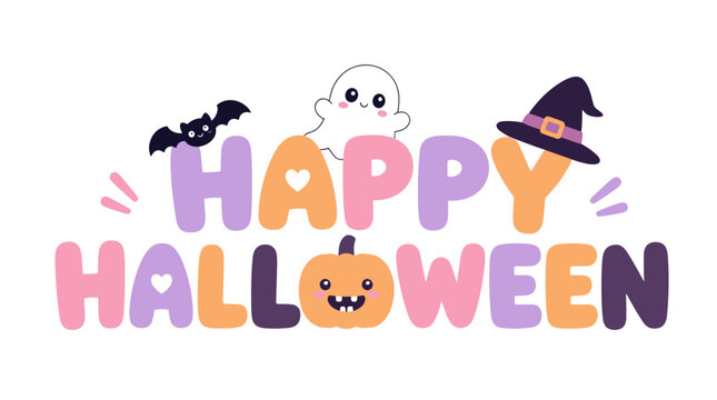 Happy Halloween Cartoon Characters Ghost Pumpkin Bat and Witch Hat Celebration.