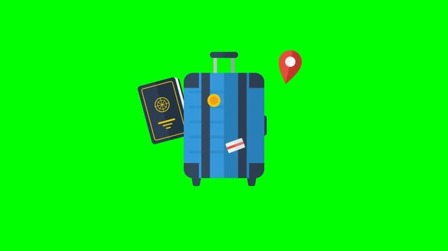 Blue Suitcase with Passport and Location Pin Animation on Green Screen
