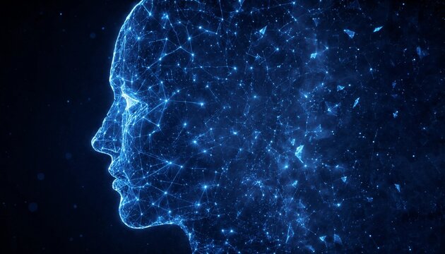 3D low-poly wireframe human head with glowing blue digital brain and neural network concept