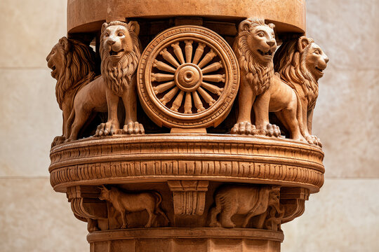 Ashoka Lion Capital with Dharma Chakra, Indian National Emblem Sculpture