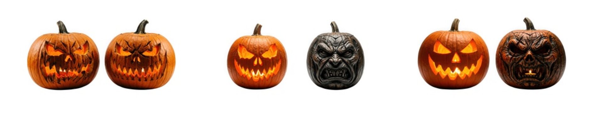 Collection of scary carved halloween pumpkins with glowing faces isolated on transparent background