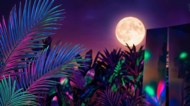 Tropical palm leaves illuminated by vibrant neon lighting beneath a glowing full moon, exotic nighttime, 4K video