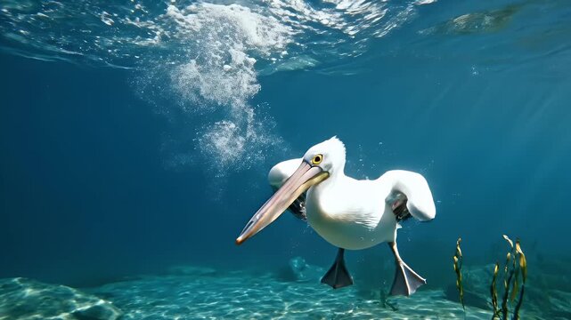 Majestic pelican flying low over a pristine mountain lake, with snow-capped peaks reflecting in the clear blue water