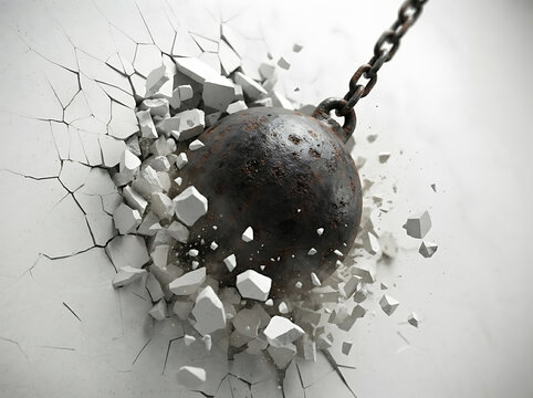 Wrecking ball smashing through concrete wall, heavy metal sphere demolition impact.