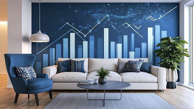 Modern living room with financial chart wall art and cozy furniture setup