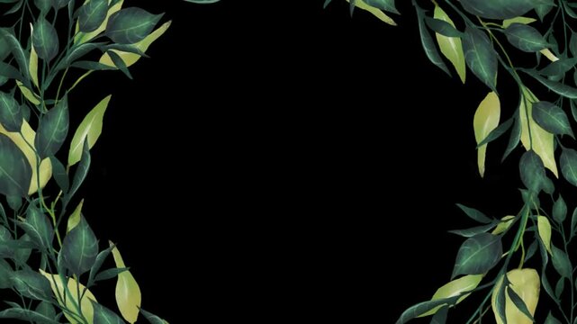 Green leaves form an ornate botanical frame around a blank black space.