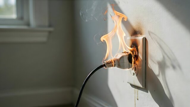 Electrical fire hazard with a smoking and burning power plug in a wall outlet