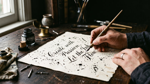 Artist writing calligraphy quote with dip pen and ink splatters on textured paper