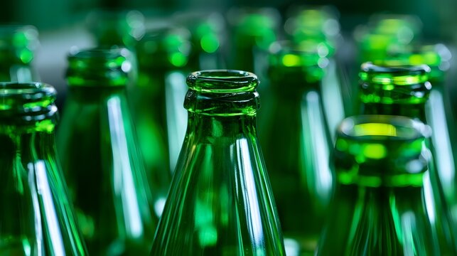 Green glass beverage bottles arranged in rows with focus on one bottle s neck and rim under ambient lighting
