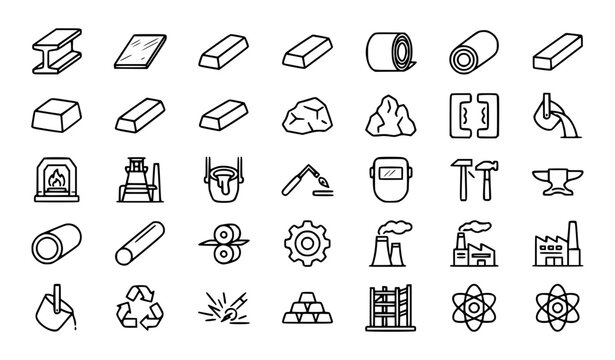 Premium metallurgy, steel production, metal working, foundry and manufacturing line icons set