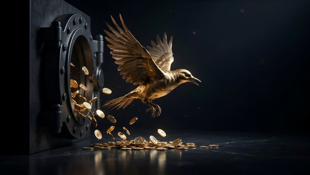 A golden bird flying out of an open bank vault with gold coins spilling out