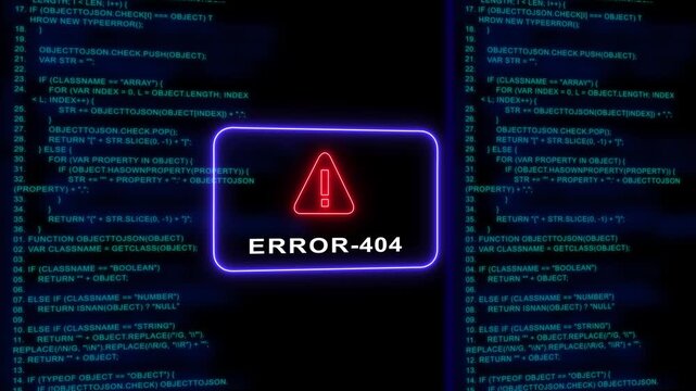 404 error page not found notification with glowing neon warning and scrolling programming code background, for web development, and cybersecurity concepts