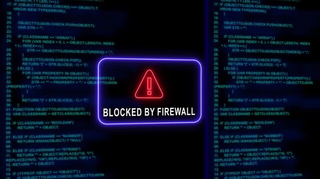 Blocked by firewall warning sign over digital computer programming code background, for cybersecurity, network, security, and data, protection concepts