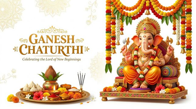 Lord Ganesha Ganesh Chaturthi Festival Celebration with Diyas and Marigold Flowers