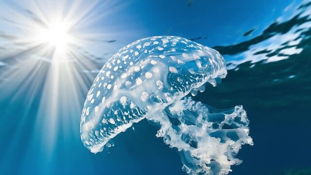 Transparent jellyfish with long tentacles swimming in deep blue ocean sunlight