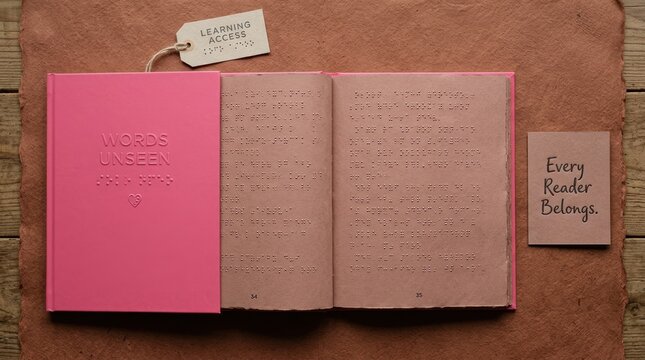 Pink braille book titled Words Unseen lies open on textured paper next to learning access tags and an every reader belongs card, promoting inclusive education, accessibility for visually impaired