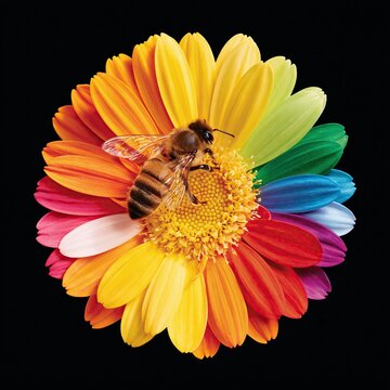 Honey bee collecting pollen from single large flower with rainbow colored petals arranged in circle on solid black background shows colorful nature and pollination